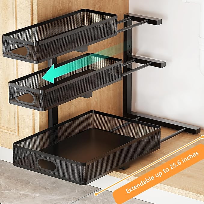 Under Sink Organizer, 2-Pack 3-tier Under Sink Storage Organizer Adjustable Height Easy Assembly Pull Out Cabinet Organizers Basket for Bathroom Kitchen Pantry Home Organization - Image 3