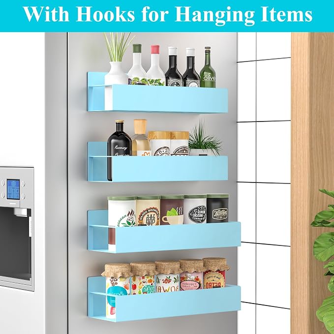 Metal Magnetic Spice Rack for Refrigerator Blue, 4 Pack | Magnetic Shelves Heavy Duty for Fridge in Kitchen, Seasoning Storage Organizer, For Oven Washer and Dryer, For Heavier Items - Image 2