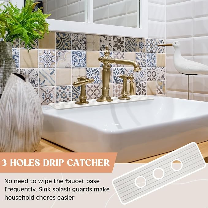 Teenyyou 3 Square Hole White Faucet Mat Kitchen Sink 16.14" x 4.49" | Bathroom Faucet Absorbent Mat,Diatomite Splash Guard,Quick Drying Drip Catcher,Hole 1.97",Holes Spaced About 1.97" - Image 6