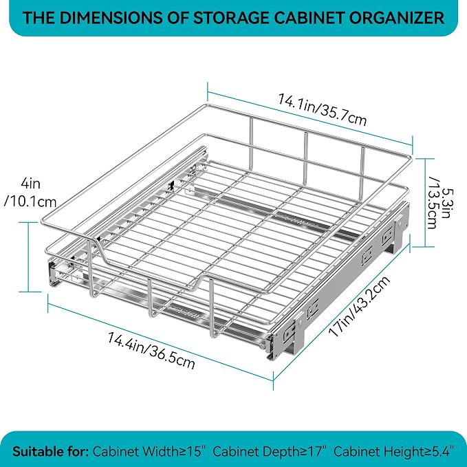 Pull Out Cabinet Organizer 15" W X 22" D, Chromed, Full Slide Out Drawers | For Kitchen Organizers and Storage, Pull Out Drawers For Cabinets Capacity Heavy Duty Caddy, Cabinet Shelves, Bathroom Pantry - Image 2