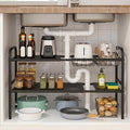 Expandable 2 Tier Under Sink Organizer, Black, 28.74-34.5 Inch Width | For Kitchen and Bathroom, 2 Storage Baskets, 6 Removable Panels, Adjustable Height Metal Shelf, Fits Pipes by INZTUPD