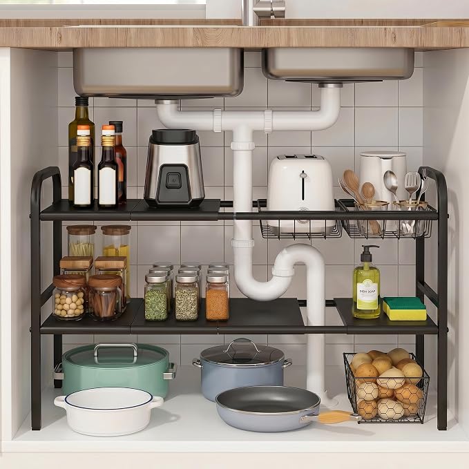 Expandable 2 Tier Under Sink Organizer, Black, 28.74-34.5 Inch Width | For Kitchen and Bathroom, 2 Storage Baskets, 6 Removable Panels, Adjustable Height Metal Shelf, Fits Pipes by INZTUPD