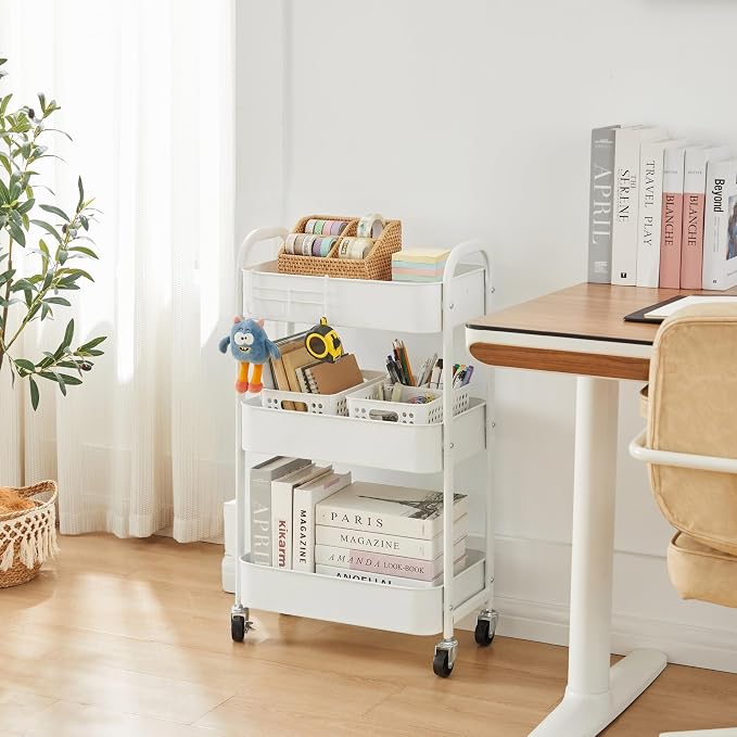 3-Tier Rolling Utility Cart with Caster Wheels,Easy Assembly, White | Easy Assembly, multi-purpose storage trolley for kitchen, rolling cart with smooth caster wheels for bathroom - Image 4