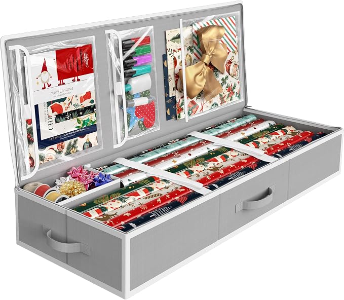 Simple Houseware 41.5" Wrapping Paper Organizer, Fits 40 Rolls, Gray | Adjustable Straps, Interior Divider for Ribbons & Bows, 3 Clear Pockets for Gift Bags & Tools, 41.5"L x 16"W by SimpleHouseware