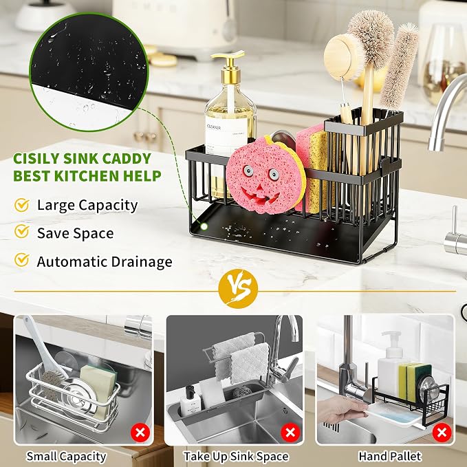 Cisily Sponge Holder for Kitchen Sink, Smiley Face Sink Caddy with Removable Brush Holder,Self-Draining Sponge Caddy for Sponge,Soap,Dish Brush,Scrubber,Kitchen Essentials and Gadgets - Image 2