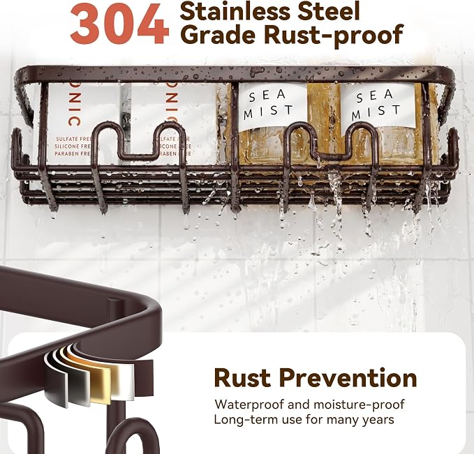 Shower Caddy Adhesive, Rustproof Shower Organizer, Wall Shower Rack | Large Capacity Shower Shelves for Inside Shower, Shampoo Shower Holder, Bronze, 3 Caddies, 1 Soap Dish, 1 Toothbrush Holder - Image 5