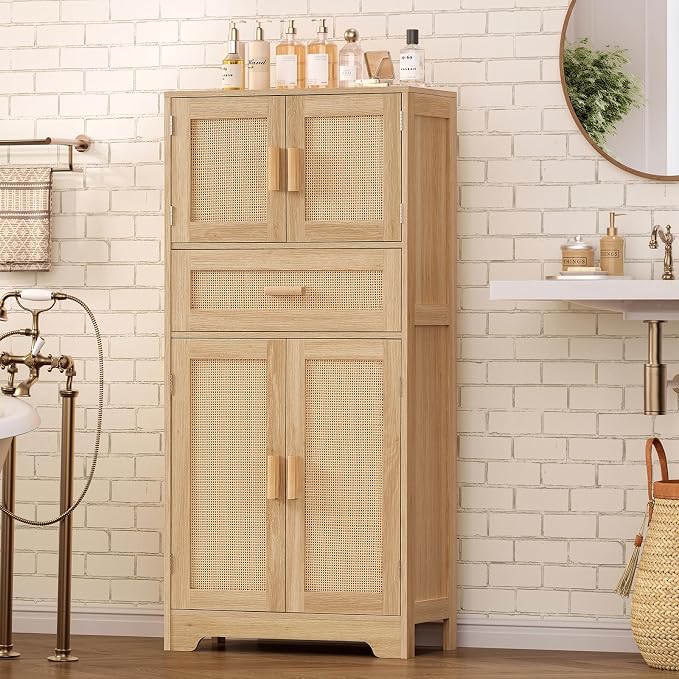 47.2" H Tall Storage Cabinet with Adjustable Shelf, Rattan Cabinet, Cupboard for Living Room, Dining Room, Entryway, Home Office, Natural - Image 2