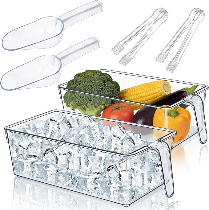 DGB 2 Sets Clear Ice Bucket for Freezer, Ice Storage Bin & Holder | Freezer Ice Bin, Pull-Out Handle, Ice Cube Container, Scoop & Tongs, Home Bar, Fridge Organization,11.8 x 5.91 x 3.54 Inches by Unknown