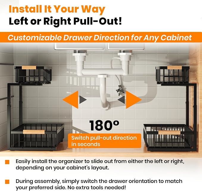 Under Sink Organizer, 2-Tier Pull-Out Cabinet Organizer – Adjustable Height, Left or Right Install – Smooth Slide-Out Drawers, Heavy-Duty Metal Rack for Kitchen & Bathroom, 1 Pack - Image 4