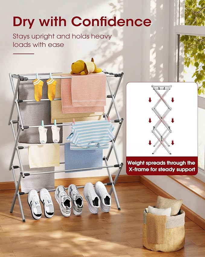Sakugi Foldable 3-Tier Clothes Drying Rack 37.4" H with Non-Slip Feet | Indoor & Outdoor Use, Space Saving, Metal Frame, 11.4" D x 29.1" W, Silver - Image 2