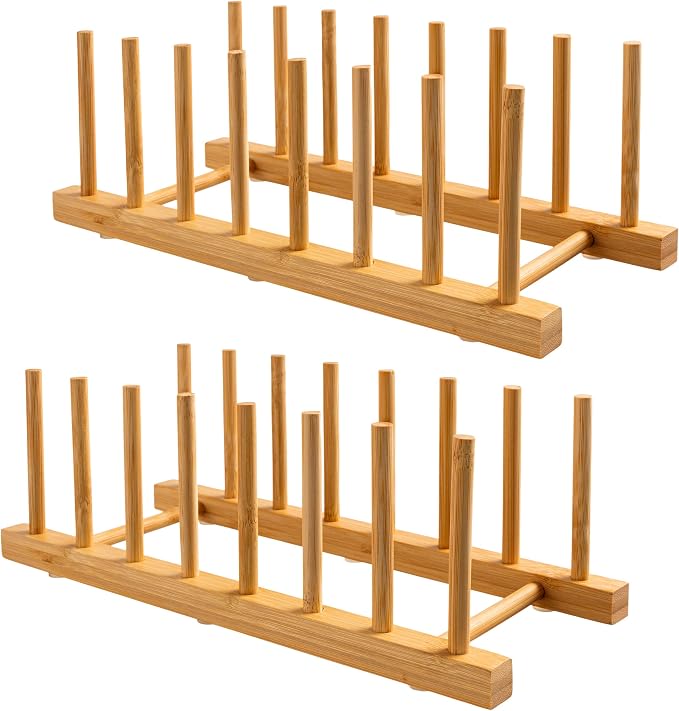 HBlife 2-Pack Bamboo Wooden Dish Rack Plate Holder Kitchen Organizer 7-Slot | Space-Saving Vertical Organizer, For Plates, Cups, Pots, Lids, Bowls & Cutting Boards, Kitchen Cabinet & Counter Storage by HBlife