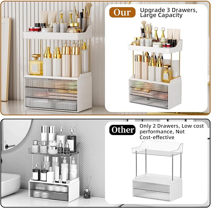 StorBin Arcylic 5-Tier Makeup & Skincare Organizer for Vanity, Bath | Smooth 3 drawers, clear body, gold frame, non-slip, for perfumes, serums, face masks, palettes, vanity & bath counter,Clear - Image 2