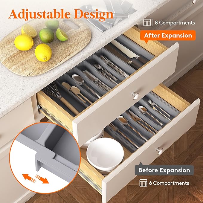 Lifewit Extra Large Silverware Drawer Organizer, Expandable Utensil Tray | BPA Free Flatware Cutlery Holder for Kitchen, Adjustable Plastic Storage for Spoons Forks Knives, 13-22.4 x 16.7", Gray - Image 5