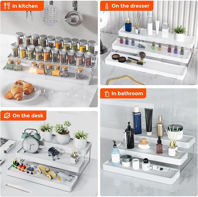 Expandable Spice Rack Organizer for Cabinet - 3 Tier Adjustable Cabinet Spice Organizer Easy Visibility - Spice Organizer for Cabinet Countertop Cupboard Pantry Organization (White) - Image 8