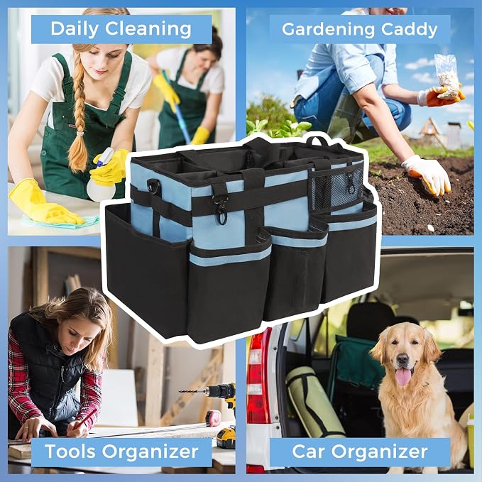 SCAVATA Wearable Cleaning Caddy, Cleaning Caddy Supplies Organizer with Handle & Shoulder Straps for Housekeepers, Under Sink & Car Cleaning Tool Organizers Bag with 4 Foldable Divider (Blue) - Image 7