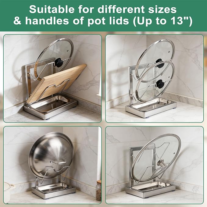 2 in 1 Stainless Pot lid holder & Cutting board holder for Kitchen, 2-Tier | Compact size with detachable drip tray, Kitchen Pot Lids Storage Rack and Organizer for various lid sizes & handles. - Image 4