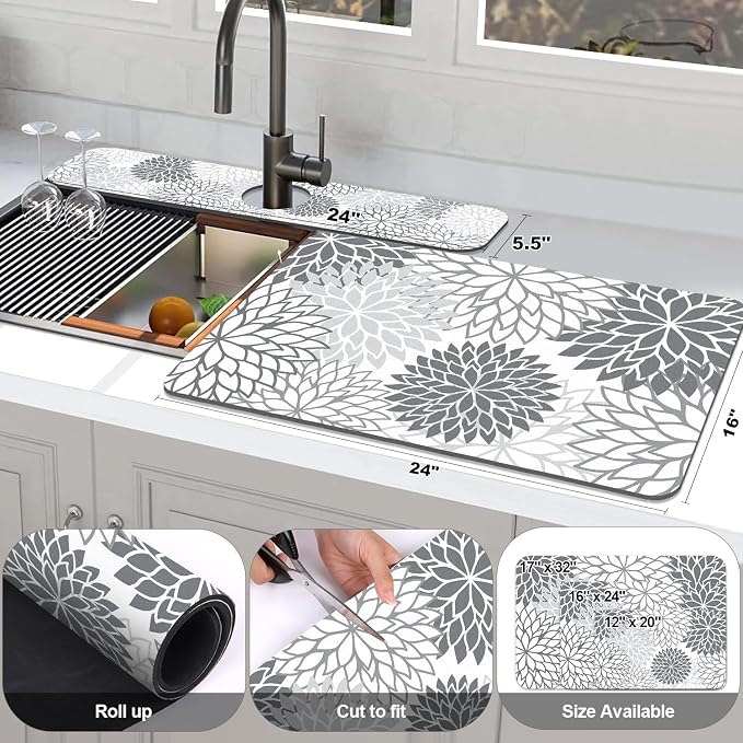 Findosom 2PCS 16" x 24" Dish Drying Mat & 24" x 5.5" Sink Splash Guard, Super Absorbent & Cuttable Dish Mat Drying Kitchen Mat with Gray Floral, Hide Stain Drying Mat for Kitchen Counter - Image 2