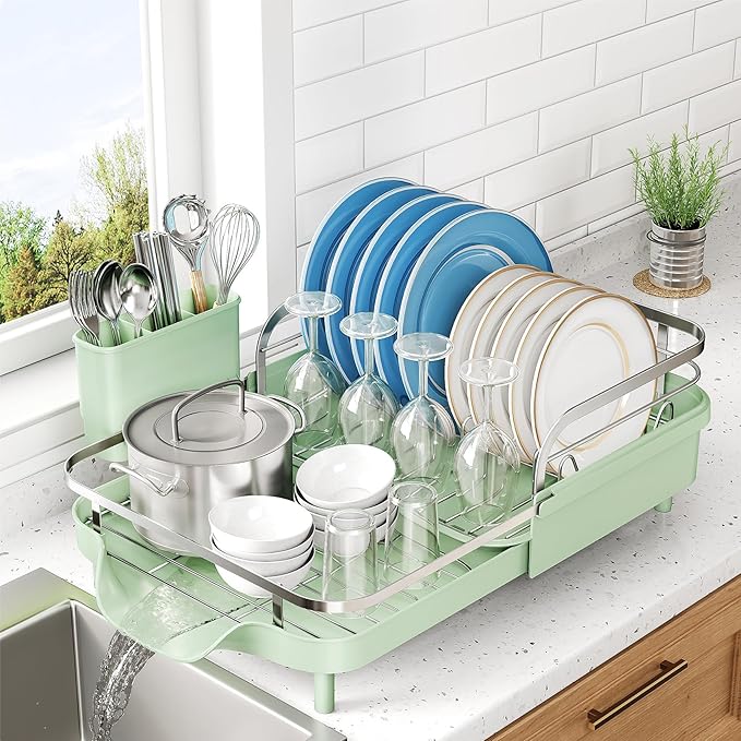 SNTD Expandable Dish Drying Rack for Kitchen Counter, 15.2-22.1 in, Green | Rust-Resistant Stainless Steel, Protective Side Rails, Self-Draining Drainboard, Removable Utensil Holder by SNTD