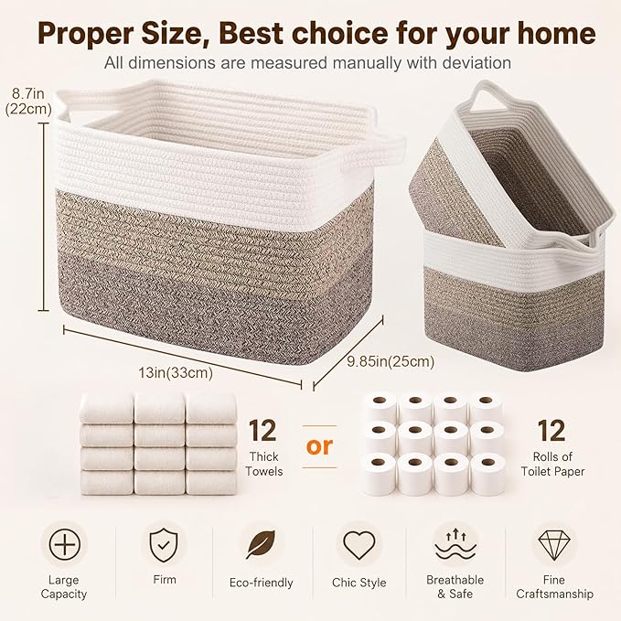 OIAHOMY Storage Basket, Woven Baskets for Storage, Cotton Rope Basket for toys,Towel Baskets for Bathroom - Pack of 3, Gradient Dark Brown - Image 5