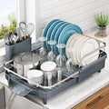 SNTD Expandable Dish Drying Rack for Kitchen Counter, 15.2-22.1 in, Gray | Rust-Resistant Stainless Steel, Protective Side Rails, Self-Draining Drainboard, Removable Utensil Holder by SNTD