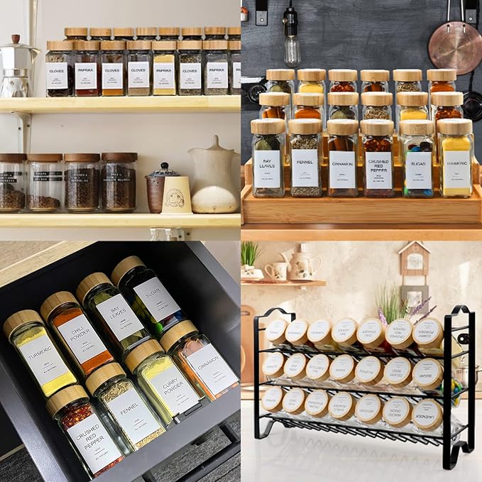 Glass Spice Jars with Bamboo Lid & 398 Label for Cabinet & Drawer Organizer | 24 pcs 4 fl oz Square Spice Bottles With Shaker Lids,Airtight Spice Containers Keep Fresh,Seasoning Containers Organization - Image 6