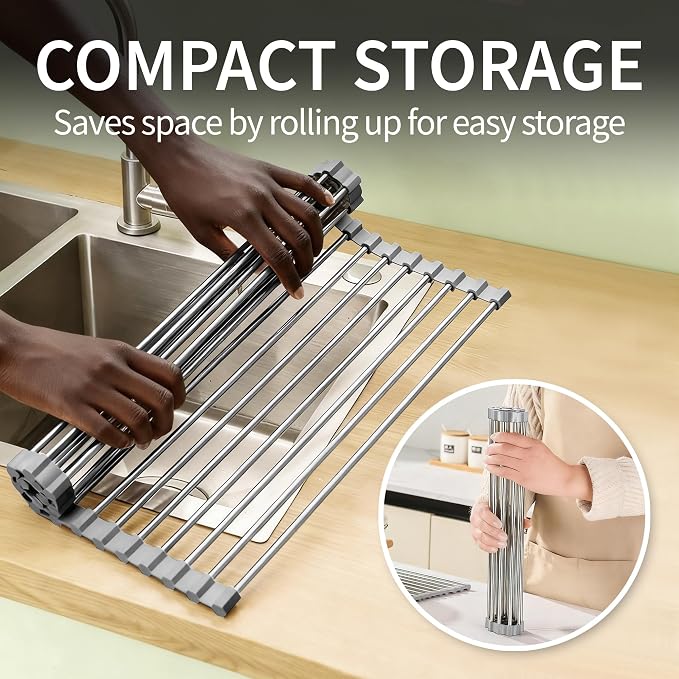 Roll Up Dish Drying Rack for Sink, Over Sink Dish Rack 17 x 15.7 Inch, Silicone Stainless Steel Dish Drainer for Kitchen Counter, BPA Free Utensil Drying Rack, Gray - Image 4
