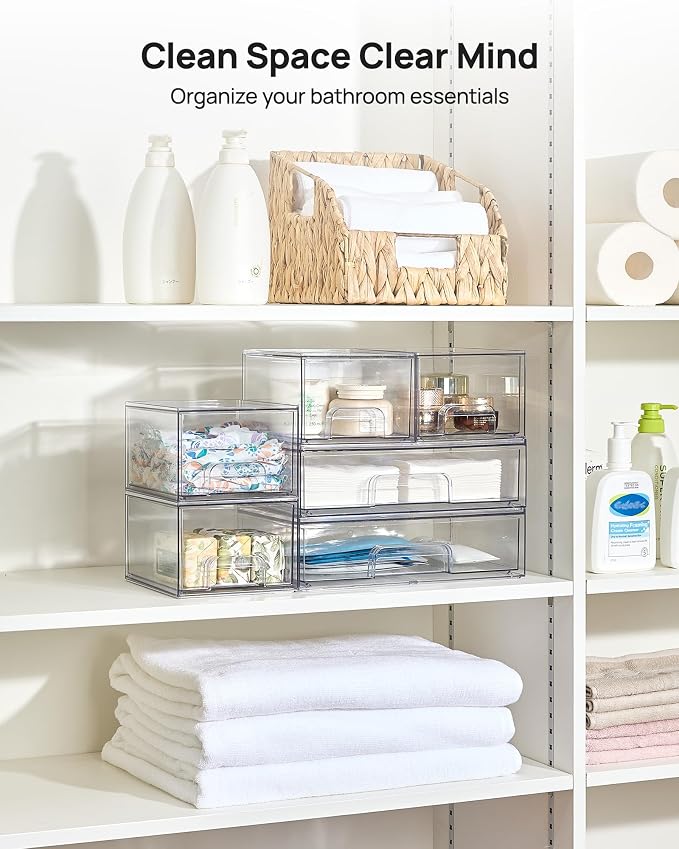 Vtopmart Clear Stackable Storage Drawers Set of 5, Plastic Organizer Bins | Multi-purpose Boxes for Bathroom Accessories, Beauty Supplies, Ideal for Cabinet, Shelf, Pantry, Laundry Room Organization - Image 6