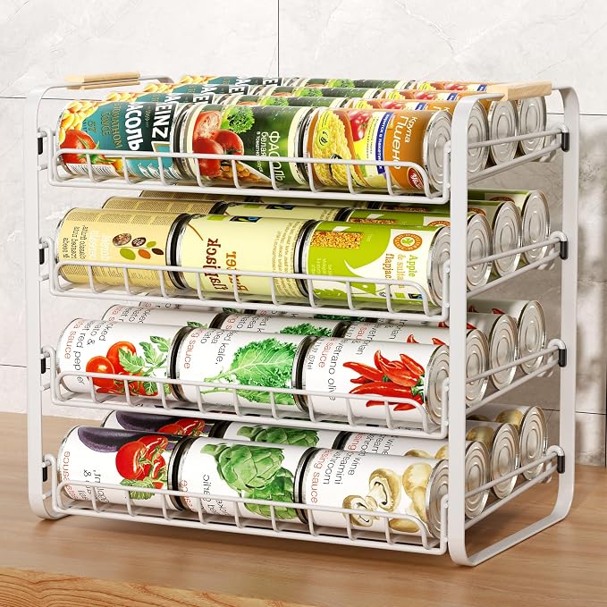 MAXIFFE 4 Tier Can Organizer, Space-Saving Easy Assembly Adjustable Sturdy Metal Hold 48 Cans Storage Holder Rack Dispenser for Pantry Kitchen Cabinet Countertop RV, for Soda Drinks Fruits, White by MAXIFFE