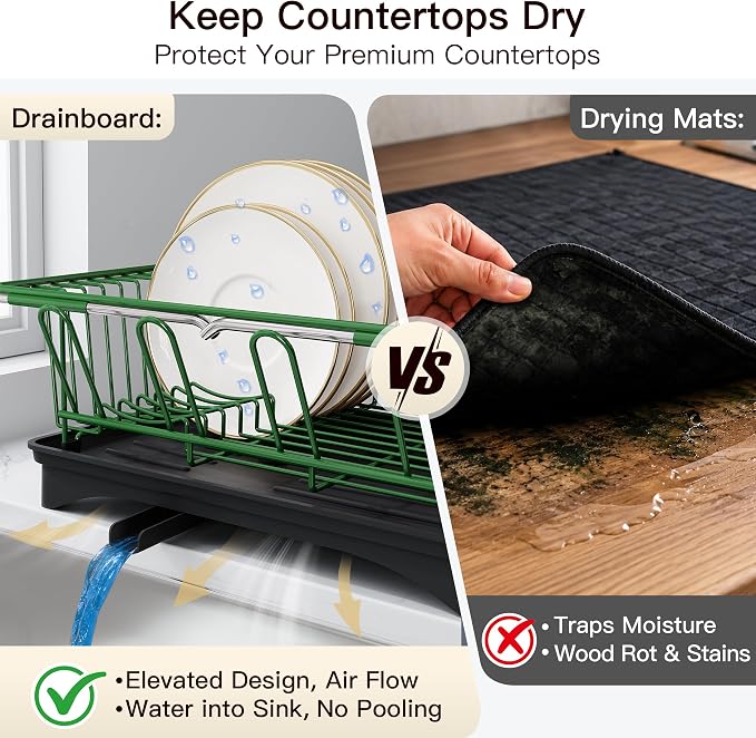 JASIWAY Green Dish Drying Rack in Sink with Drainboard and Utensil Holder | Use Over the Sink or Counter, Stainless Steel Expandable Dish Drainer for Small Kitchen, Space Saving, Fast Drain, Rustproof - Image 5