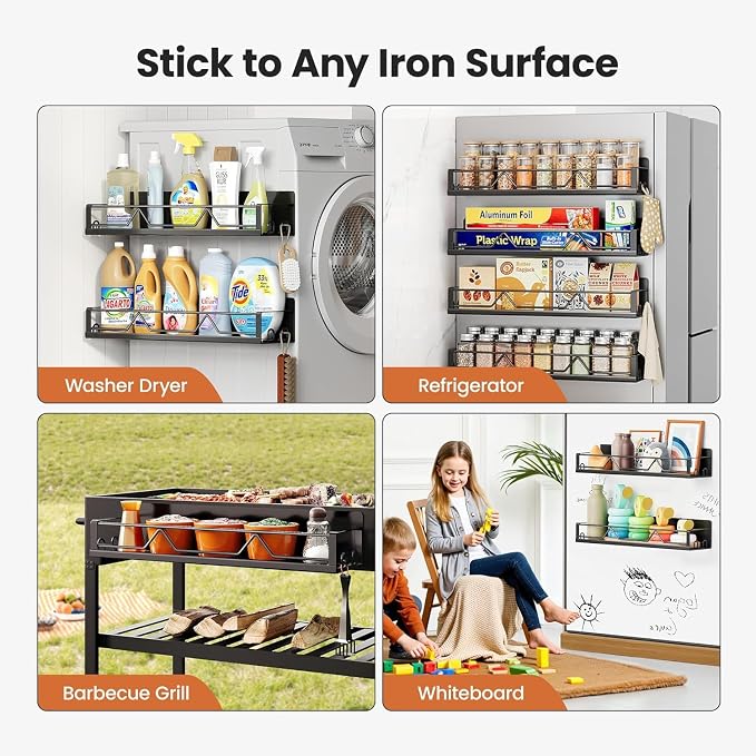Mystozer 16.9 Inch Wide Large Capacity Magnetic Spice Rack for Refrigerator,6 Pack Metal Fridge Shelf Spice Rack Organizer Refrigerator Organizer Kitchen Spice Organizer Spice Storage(Black) - Image 7
