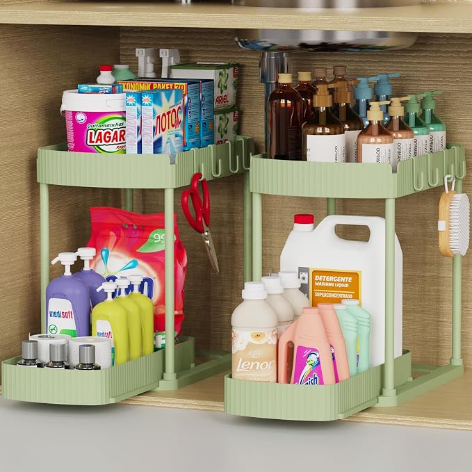 2 Packs Under Sink Pull-Out Storage Organizers, 12.8 Inches, Green | Multi-Purpose Cabinet Organizers and Storage for Bathroom & Kitchen by ukeetap