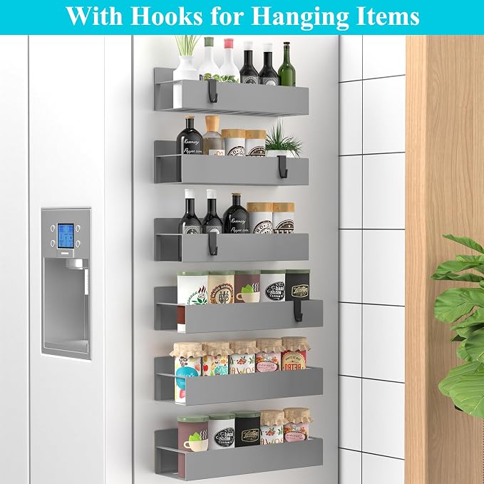 Metal Magnetic Spice Rack for Refrigerator Gray, 6 Pack | Magnetic Shelves Heavy Duty for Fridge in Kitchen, Seasoning Storage Organizer, For Oven Washer and Dryer, For Heavier Items - Image 2