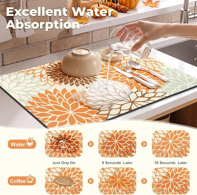 Findosom Fall Dish Drying Mat, 12" x 20" Super Absorbent Dish Mat with Floral, Hide Stain Drying Mat for Kitchen Counter, Under Dish Rack, Coffee Maker, Espresso Machine, Orange - Image 3