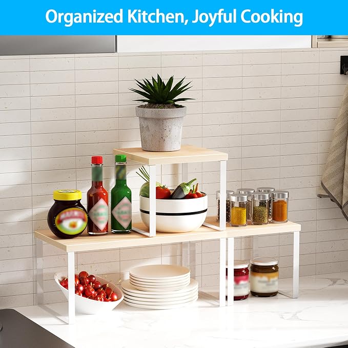 Golener Countertop Shelf, Kitchen Counter Organizer, Adjustable, Stackable | Kitchen Countertop Organizer, Spice Rack, 2-Tier Countertop Shelves, Corner Desk Shelf, Corner Counter Shelf, Natural Beige - Image 2