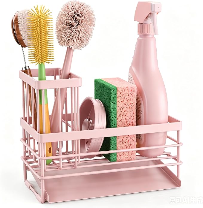 Cisily Pink Sink Caddy Sponge Holder for Kitchen with Brush Holder and Stainless Steel Self Drain Tray, Rustproof Kitchen Sink Organizer for Sponge, Soap Dispenser Storage Accessories - Image 7