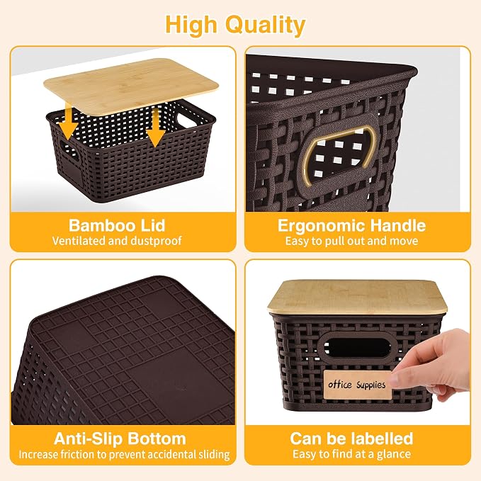 6 Pack Plastic Storage Baskets,Brown bamboo lid storage Box | Labels, Stackable, For Organizing Shelves Pantry Drawers Desktop Closets Organizing Desktop Closet Playroom Classroom - Image 7