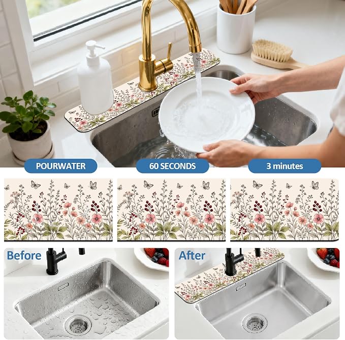 2 Pcs Retro Wildflower Bush Kitchen Sink Splash Guard Faucet Mat | Butterflies Pattern Faucet Mat for Sinks Flower Absorbing Drying Mat for Kitchen Bathroom, 23.6x5.5inch - Image 5