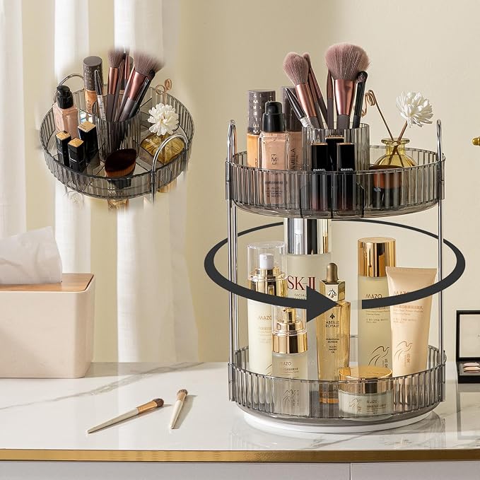 Rotating Makeup Organizer for Vanity, High-Capacity Skincare Clear Make Up Storage Perfume Organizers Cosmetic Dresser Organizer Countertop 360 Spinning (Gray, New-2 Tier) by SHUANGQING