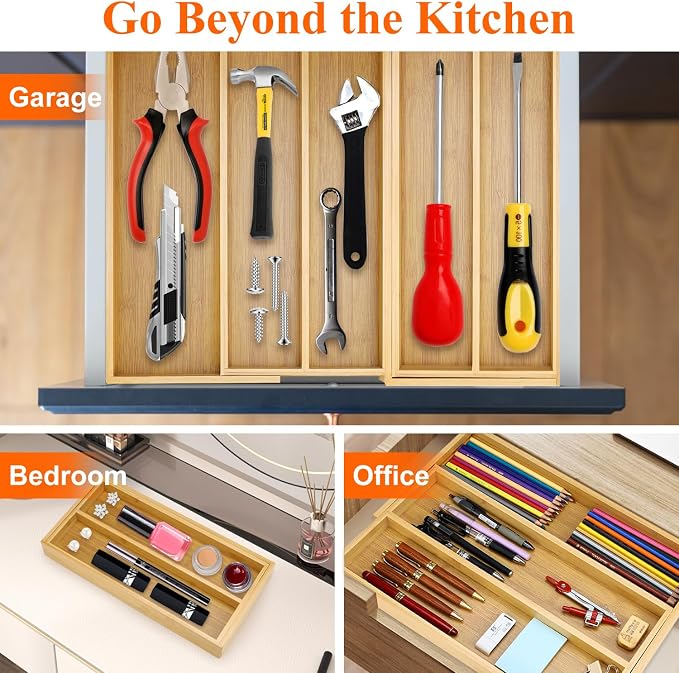 Large Bamboo Kitchen Utensil Drawer Organizer Expandable Silverware Tray | Big Cooking Utensil Drawer Divider Spoon Flatware Organizer Storage Adjustable Wooden Cutlery Holder Tool Knife Spatula Tray - Image 3