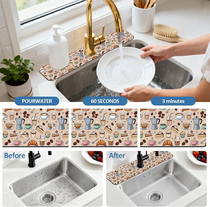 2 Pcs Kitchen Sink Splash Guard Faucet Mat Various Drinks Pattern Faucet Mat for Sinks coffee Graffiti Absorbing Drying Mats for Kitchen Bathroom, 23.6x5.5inch - Image 5