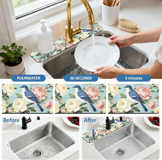 2 Pcs Kitchen Sink Splash Guard Faucet Mat Bluebird Faucet Mat for Sinks Peony Pattern Absorbing Drying Mats for Kitchen Bathroom, 23.6x5.5inch - Image 5