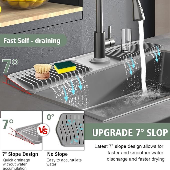 24-Inch Kitchen Sink Splash Guard Mat | 7° Slope for Fast Self-Draining | Snap-Lock Design | Universal & Cuttable Silicone Faucet Mat Gray - Image 4