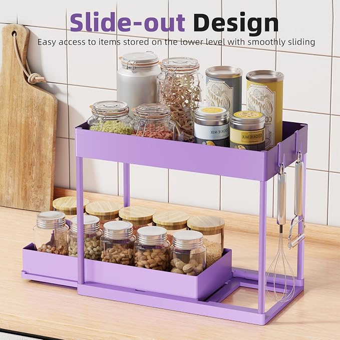 Simple Trending Under Sink Organizer 2 Pack, with Sliding Drawer, Purple | 2-Tier Multi-Use Under Shelf Organizer with Hooks, Sink Pull-Out Sliding Storage Cabinet for Kitchen Bathroom, Easy Assembly - Image 4