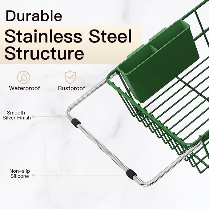 JASIWAY Green Dish Drying Rack in Sink with Drainboard and Utensil Holder | Use Over the Sink or Counter, Stainless Steel Expandable Dish Drainer for Small Kitchen, Space Saving, Fast Drain, Rustproof - Image 7