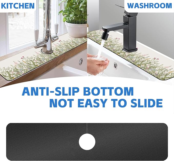 Faucet Mat for Kitchen Sink Watercolor Floral Herbs Sink Splash Guard Behind Faucet Soft Diatom Mud Material Non-slip Easy to Clean for Bathroom & Kitchen 24"X5.5" - Image 7