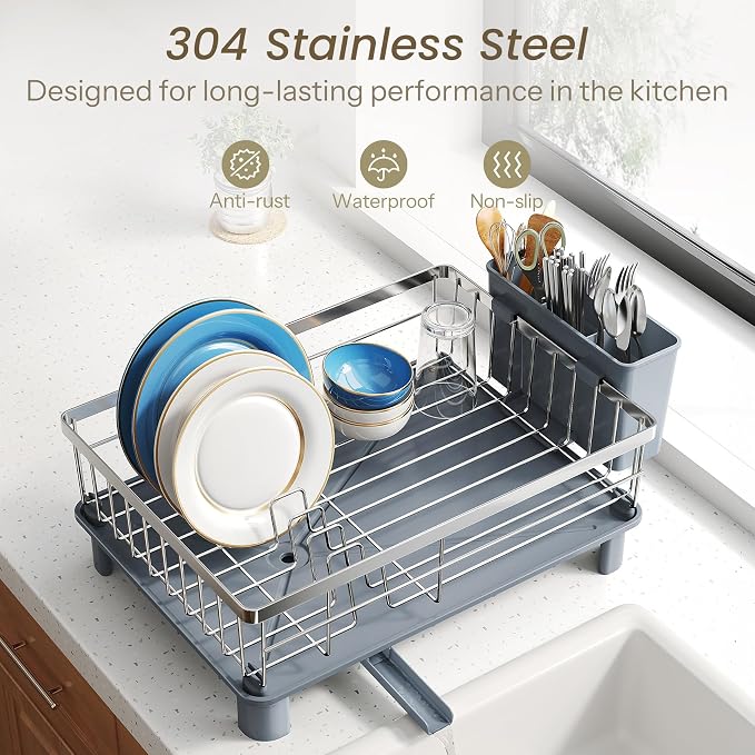 SNTD Dish Drying Rack for Small Kitchen Counter, 11" W x 15" L, Silver | Space Saving, Rotating Spout & Angled Drainboard for Quick Drainage, Stainless Steel, Removable Utensil Holder - Image 5