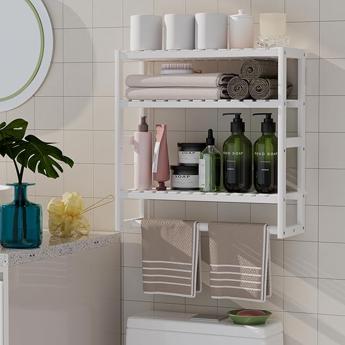 Towel Rack Bathroom Storage Shelves Over The Toilet with Towel Bar 100% Bamboo Adjustable Height Floating Shelf Wall Shower Shelf for Small Space Updated Painting by PPN