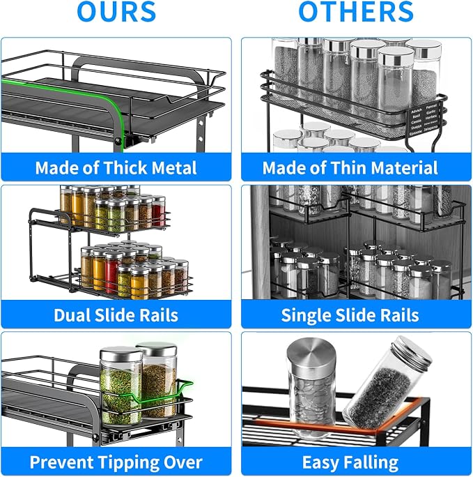 RCHYFEED 2 Tier Pull Out Spice Rack for Inside Cabinets,5.5" Wx10.5 Dx9.5 H | Height Adjustable Spice Cabinet Organizer Heavy Duty Metal Pull Out Spice Rack Vertical Spice Shelf for Cabinets & Pantry - Image 4