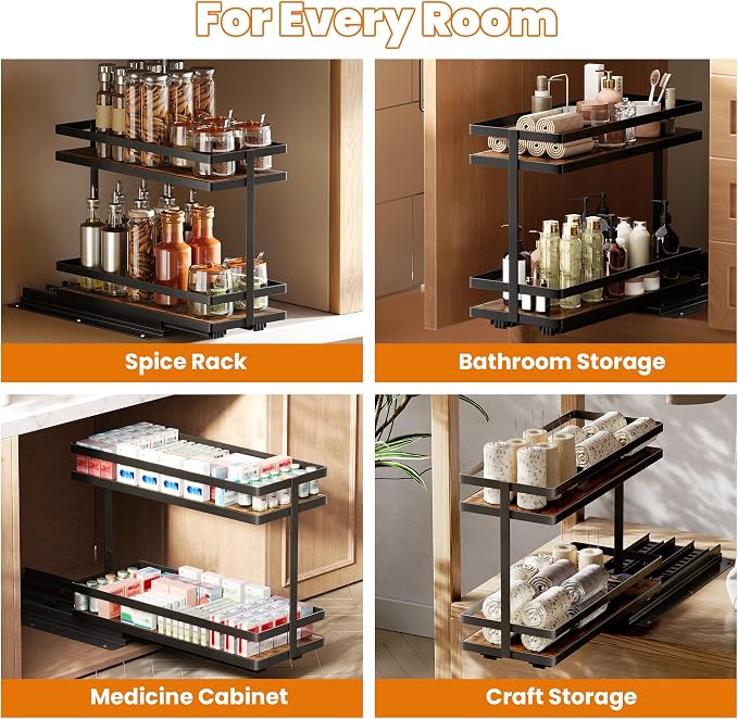 Pull Out Spice Rack 4Pcs Metal & Wood Seasoning Organizer Black | No-Drill Install | Full-Extension Silent Glide | Each Tier Holds 10–12 Standard Spice Bottles | Rustproof, Wipe-Clean Surface - Image 2