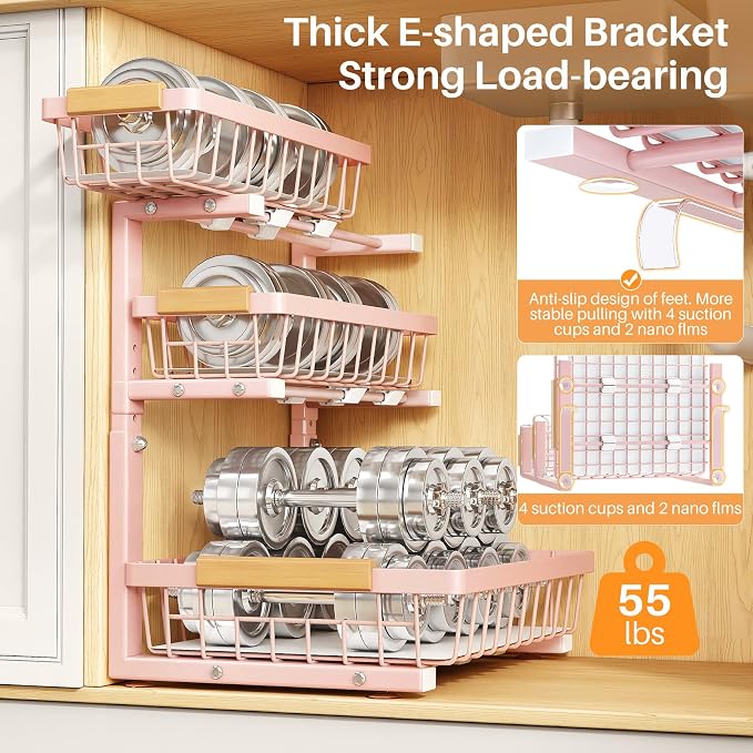 PXRACK Under Sink Organizer, 1-Pack 3-Tier Height Adjustable Thickened Metal Pull out Cabinet Organizer Shelf, Slide out Storage Drawer Rack for Bathroom Kitchen Pantry Home Organization, Pink - Image 6